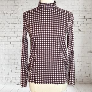 COS Moc Neck Long Sleeves Top Sz 6 Brown and Ivory Check Back Zipper Layering